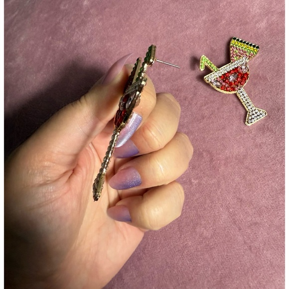 Watermelon Martini Cocktail Rhinestone Earrings Sparkly Statement Jewelry - Picture 5 of 6